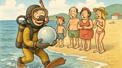 Vic: Potapljač na plaži z biserno kroglo
