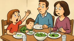 Vic: Družina sedi za mizo, deklica zavpije